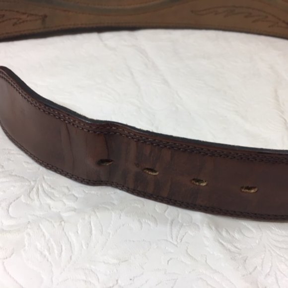 Original Larry Malan's Leegin Brown Leather Stitched Overlay Rodeo Belt Size 44 - Picture 13 of 14